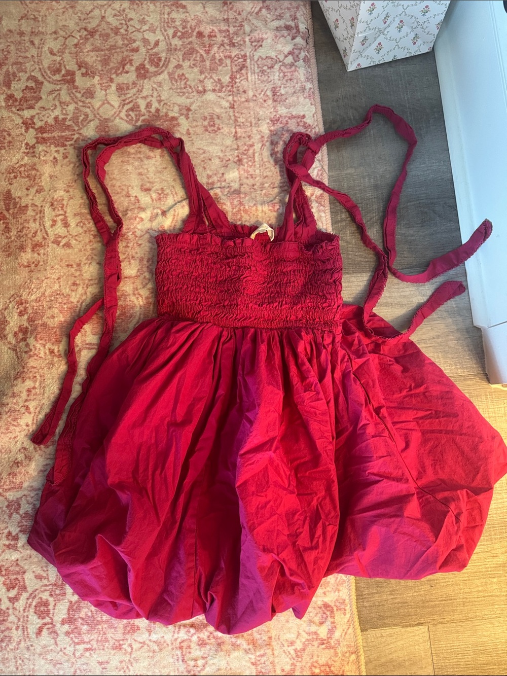 Red Smocked Bust Bubble Hem Dress
